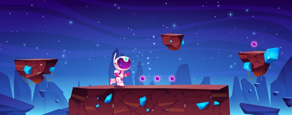 space game platformer concept: a character in a spacesuit running and shooting