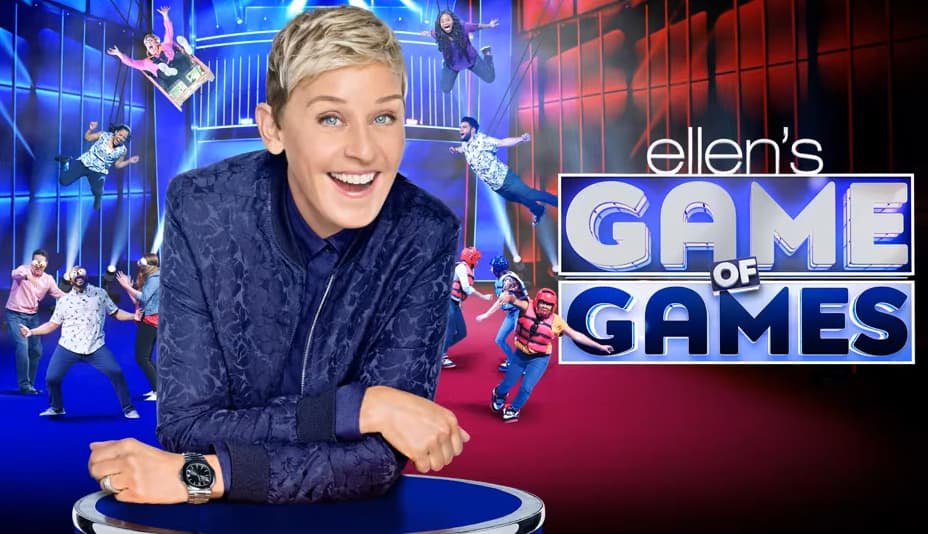 Ellen DeGeneres smiles on the set of her vibrant game show "Ellen's Game of Games