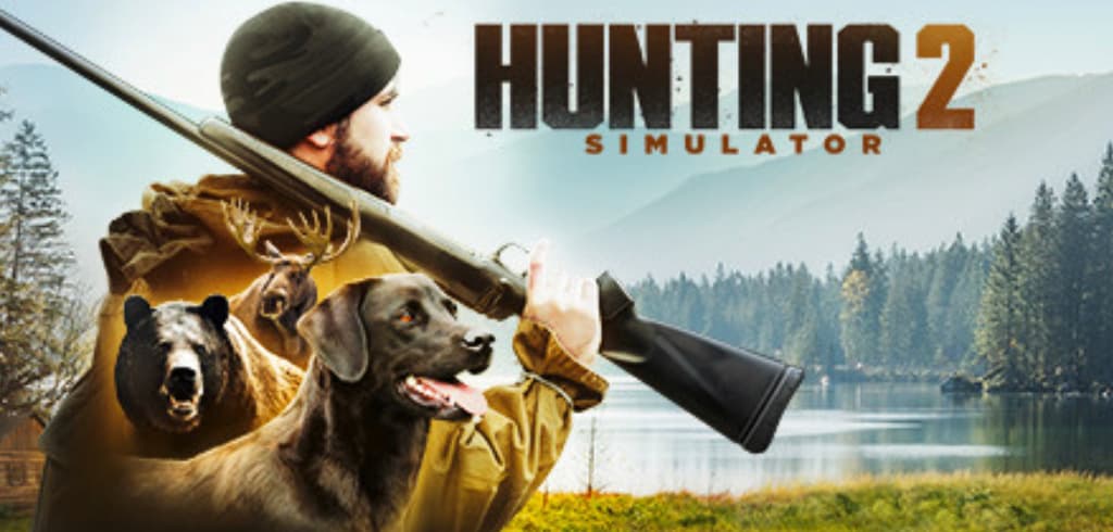 Hunting Simulator 2 logo and a man with a gun, a dog, a bear and a moose