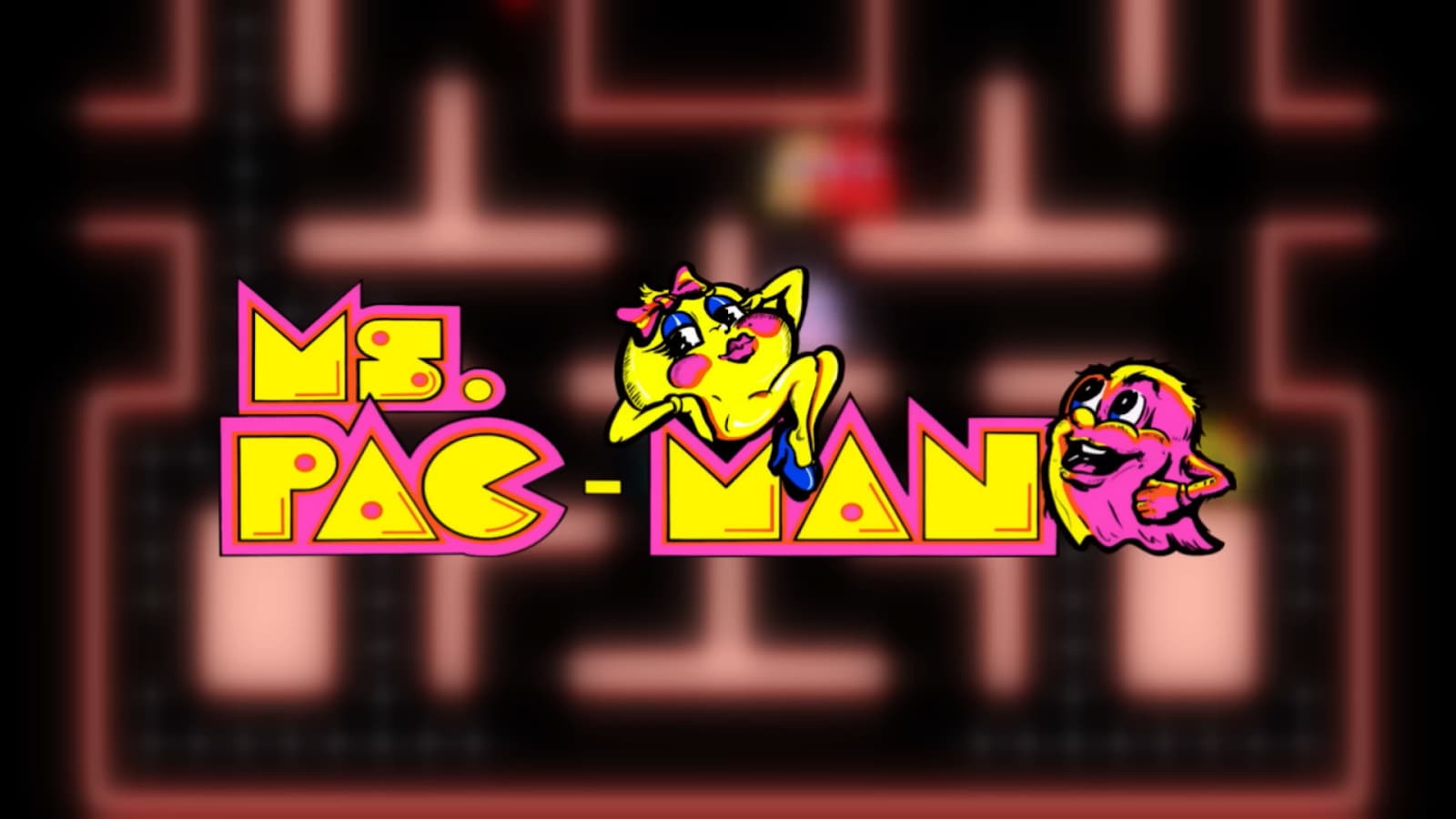 A vibrant title screen of "Ms. Pac-Man" with characters in a neon maze