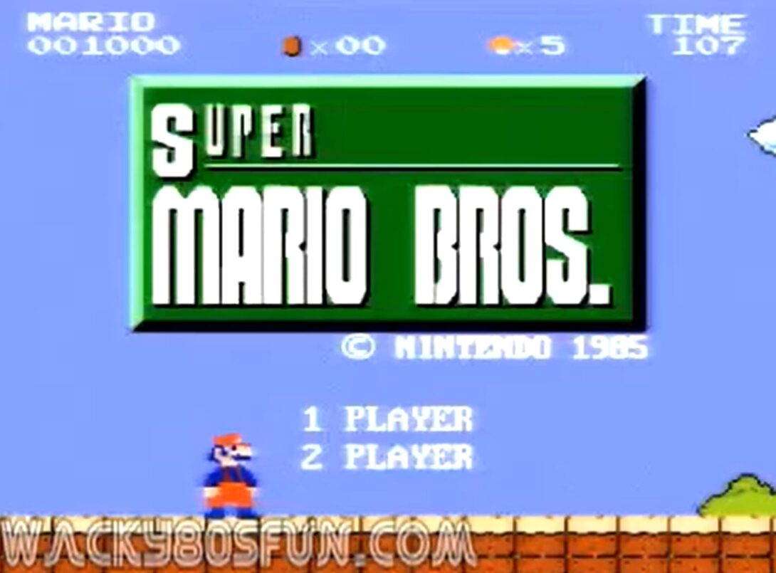 A classic "Super Mario Bros" game title screen from Nintendo 1985