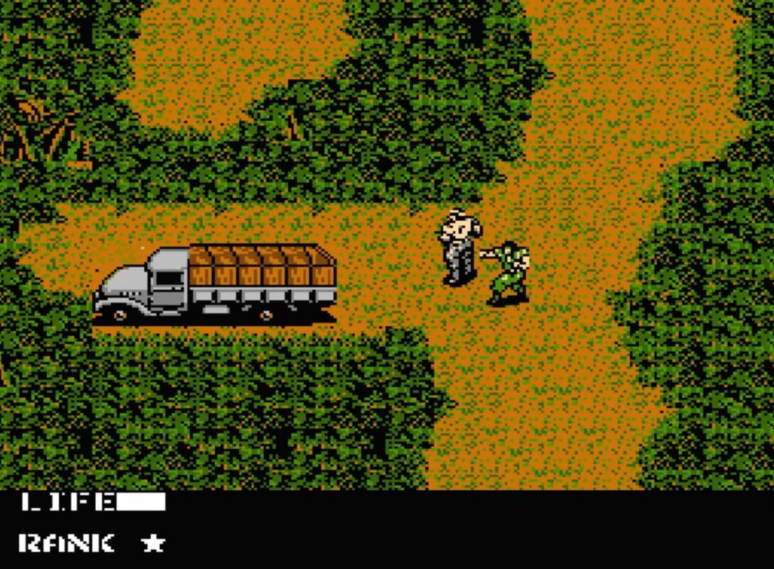 A pixelated scene from "Metal Gear" with a character beside a truck