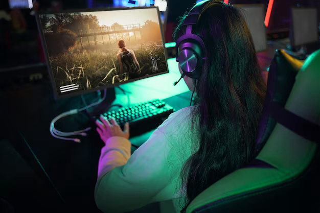 Girl playing computer games, rear view