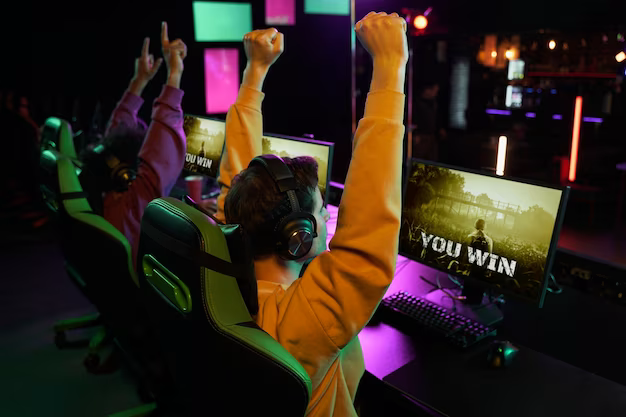 Two men playing games in a computer club