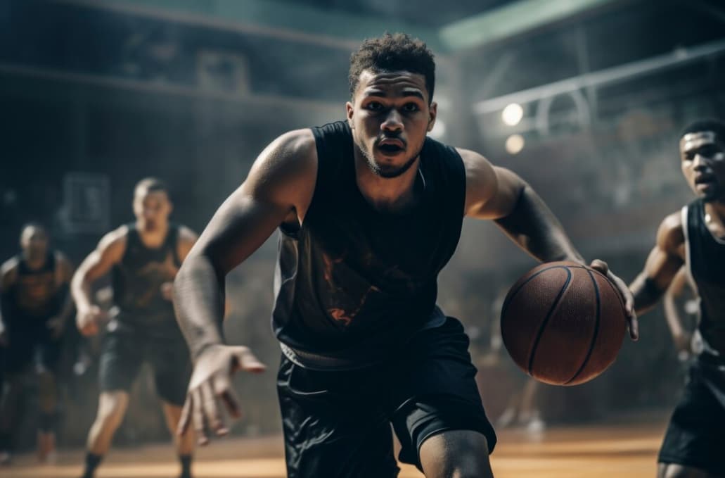 A player dribbling during an intense basketball game