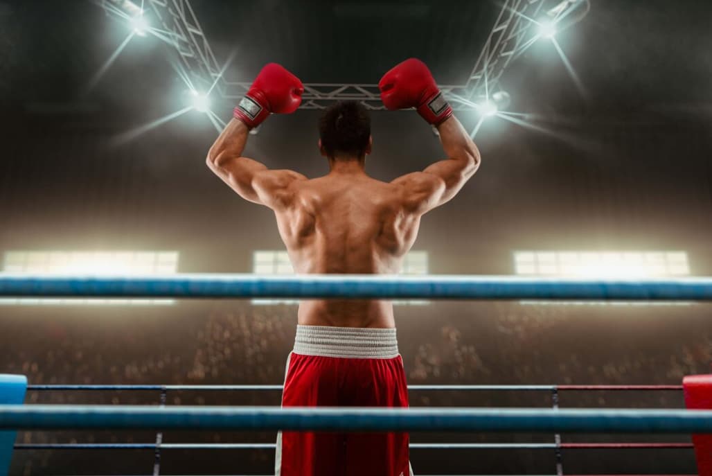 A boxer triumphantly raises fists in the ring, facing a cheering crowd